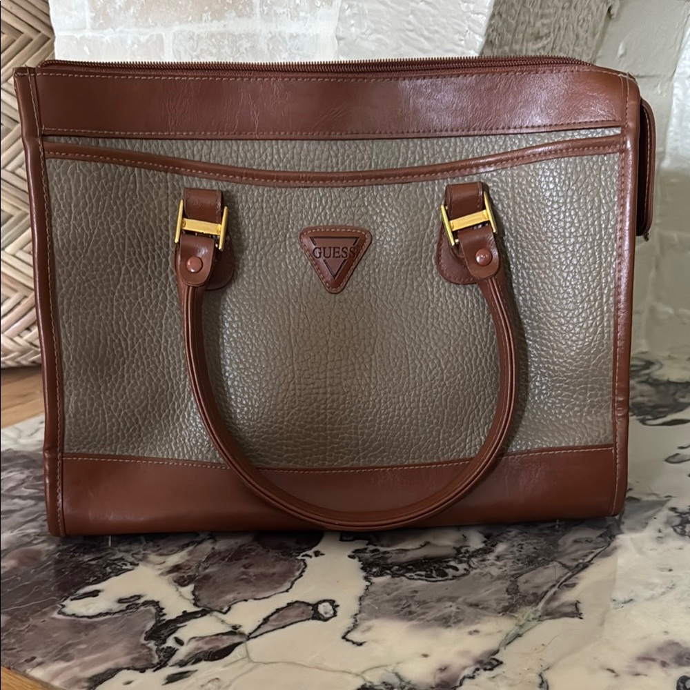 Vintage 90s Guess Brown Pebble Leather Double Handle Large Shoulder Bag Purse